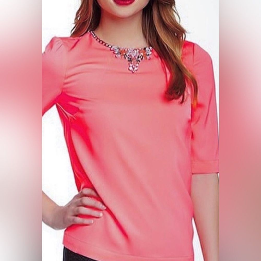 Ted Baker London Coral Meleni Jeweled Embellished Neck Short Sleeve Blouse Sz 10